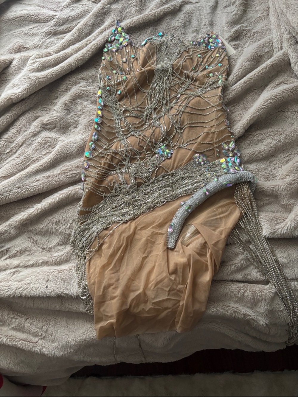 Nude Embellished Mini Dress with Crystal Beading